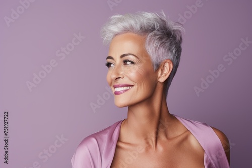Portrait of beautiful middle aged woman with short grey hair and makeup