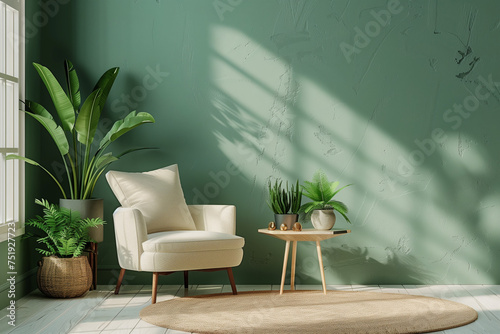 Modern green monochrome living room with plants 