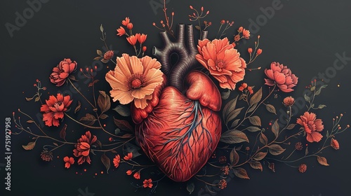 Watercolor illustration of red heart made of flowers. Heart shape of red petals. photo
