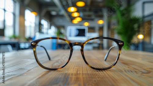 Selective focus on a pair of eyeglasses with a soft bokeh office background enhancing vision and focus