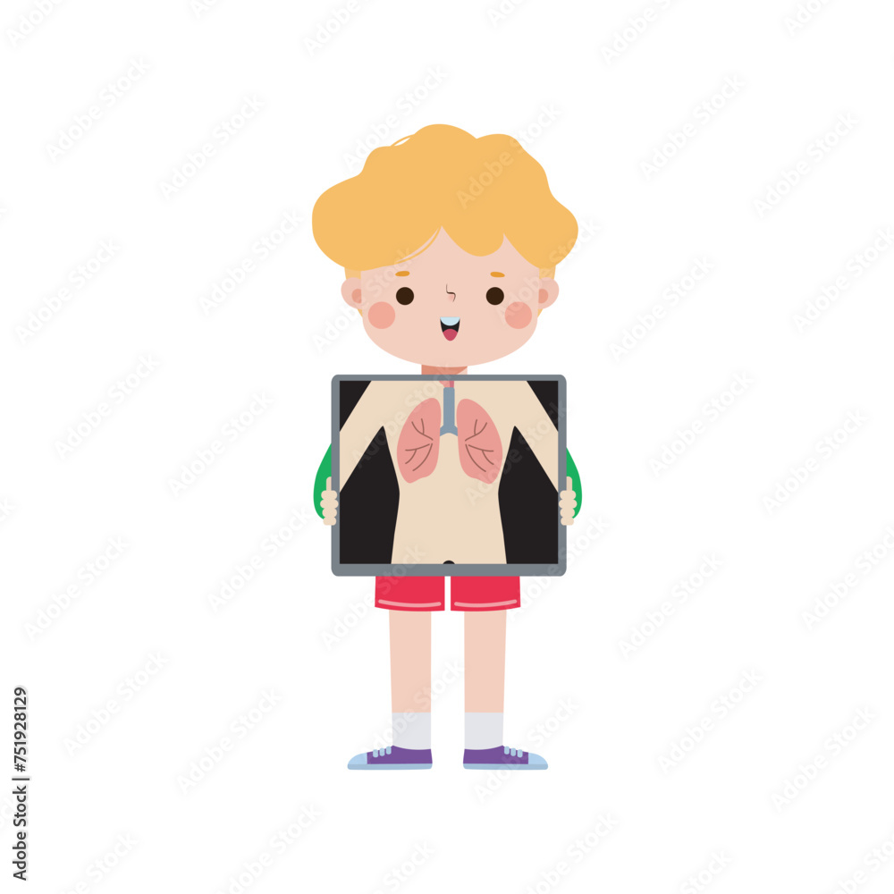 cute cartoon american child with x-ray screen showing internal organs and skeleton. x ray check bones kid, Element of infographics for kid Vector illustration isolated on white background cute cartoon american child with x-ray screen showing internal organs and skeleton. x ray check bones kid, Element of infographics for kid Vector illustration isolated on white background