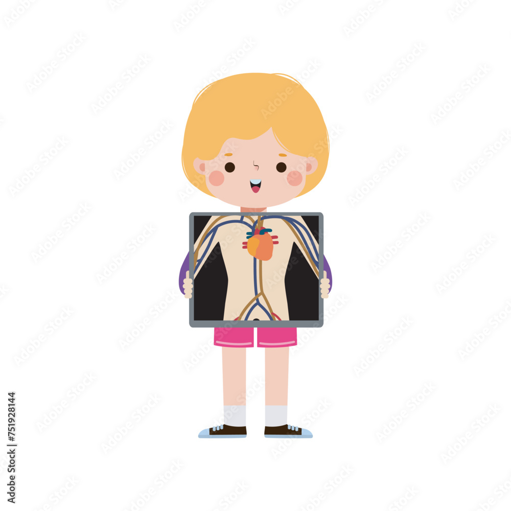 cute cartoon american child with x-ray screen showing internal organs and skeleton. x ray check bones kid, Element of infographics for kid Vector illustration isolated on white background cute cartoon american child with x-ray screen showing internal organs and skeleton. x ray check bones kid, Element of infographics for kid Vector illustration isolated on white background