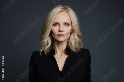 Portrait of mature businesswoman in black suit over grey background.