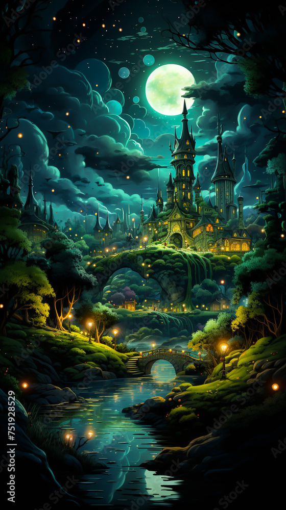 A whimsical illustration of an urban green space transformed into a magical forest with mythical creatures and city dwellers coexisting under a starry night sky