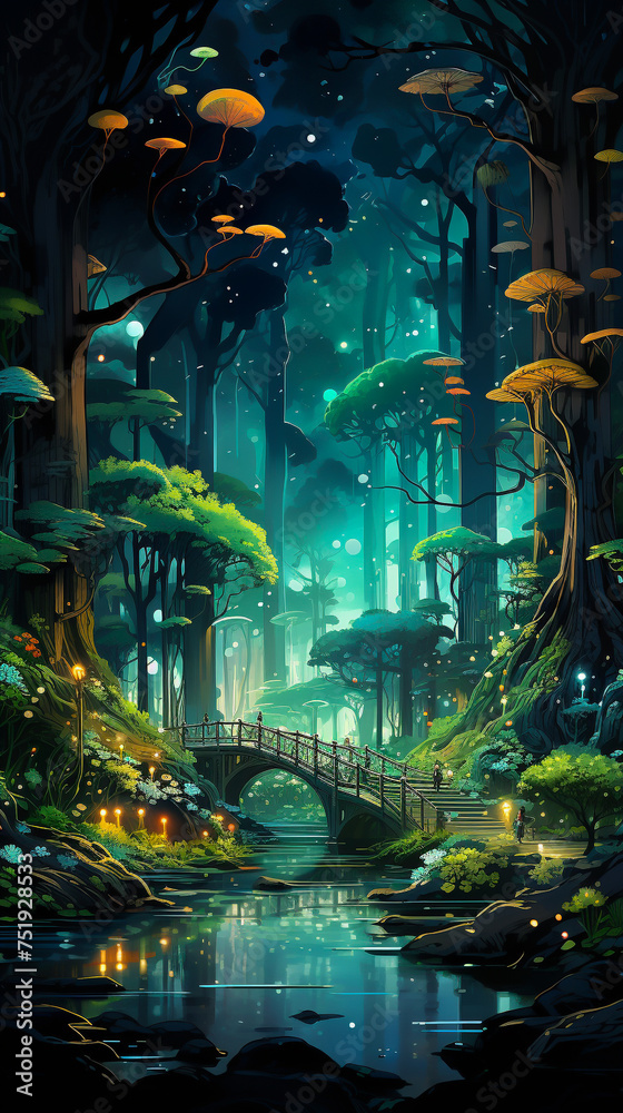 A whimsical illustration of an urban green space transformed into a magical forest with mythical creatures and city dwellers coexisting under a starry night sky A whimsical illustration of an urban green space transformed into a magical forest with mythical creatures and city dwellers coexisting under a starry night sky