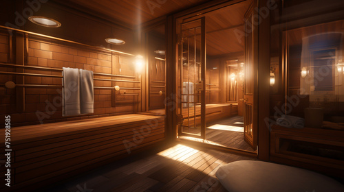 An interactive 3D model of a traditional steam room allowing users to explore the rooms features including the steam source seating arrangements and ambient lighting options