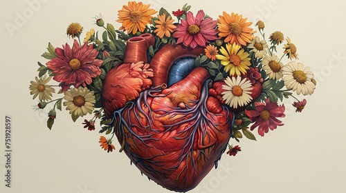 Watercolor illustration of red heart made of flowers. Heart shape of red petals.