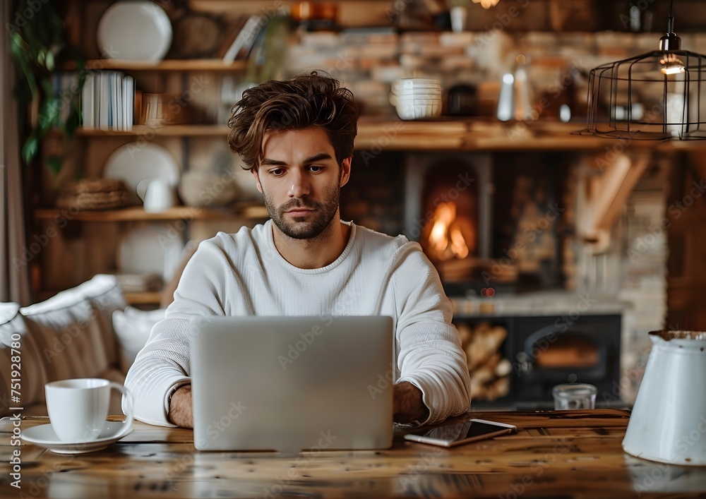 Young man with laptop and coffee working indoors