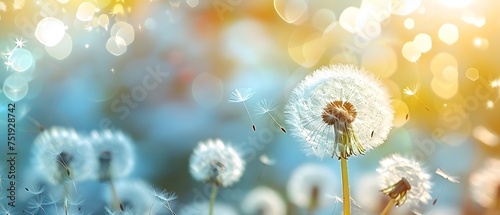 Blurred nature background dandelion seeds parachute