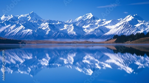 Snow-covered peaks reflecting in a serene lake  creating a breathtaking panorama under a clear  deep blue sky.