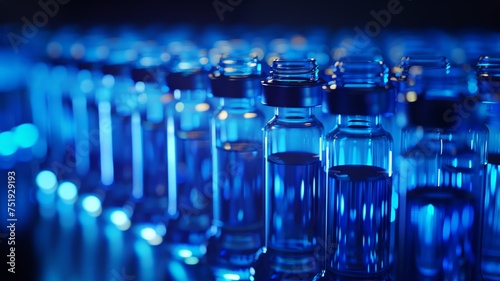 Vibrant vials in blue tones showcasing modern medical research and development