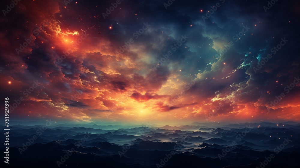 Majestic sunset over mist-covered mountains, merging seamlessly with the cosmic expanse of deep space.