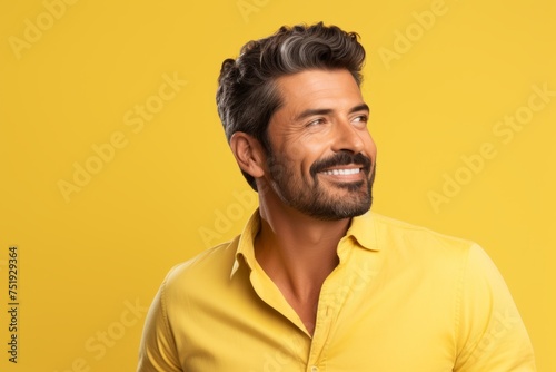 Handsome young man in yellow shirt looking up and smiling on yellow background © Iigo