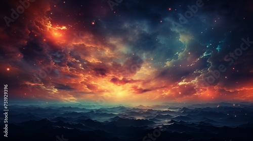 Majestic sunset over mist-covered mountains  merging seamlessly with the cosmic expanse of deep space.