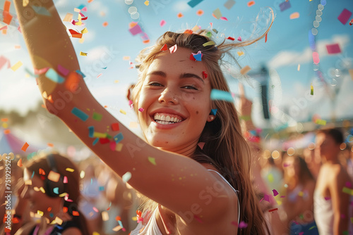 Radiant Young Woman Celebrating with Confetti at Festival