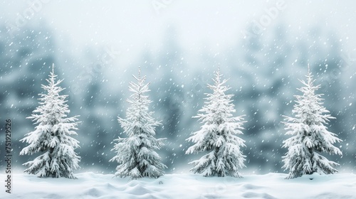 Snow-covered pine trees against a serene winter backdrop.
