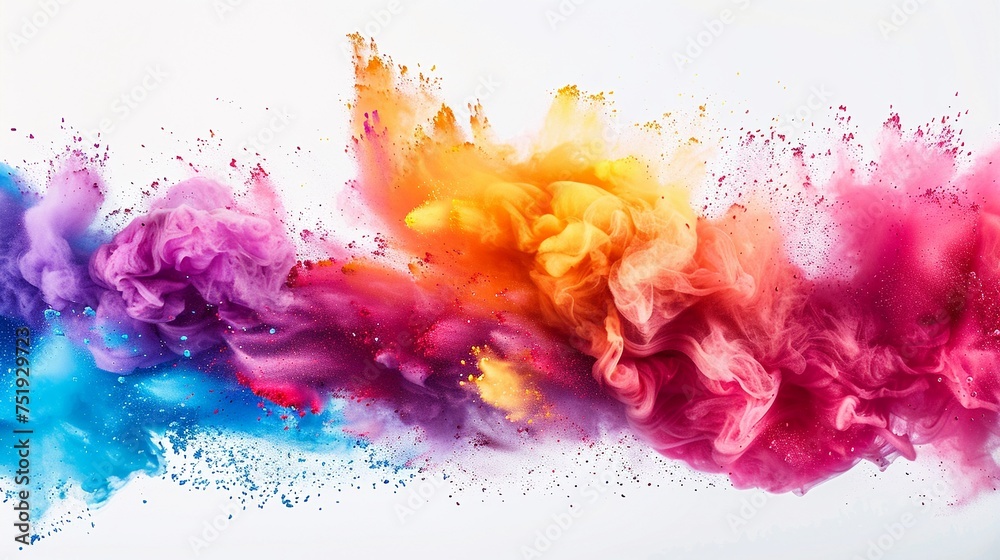 A vivid splash of Holi colors against a white backdrop symbolizing the vibrant spirit of the festival with copy space