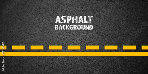 Asphalt road with yellow lane marking, concrete highway surface, texture. Street traffic line, road dividing strip. Pattern with grainy structure, grunge stone background. Vector illustration
