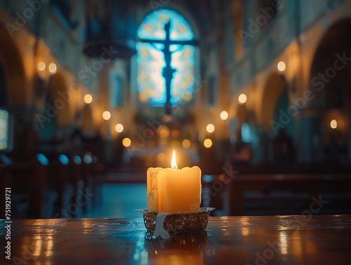 An image of Holy Saturdays quiet reflection with a crucifix highlighted by the soft glow of a candle symbolizing awaiting light photo