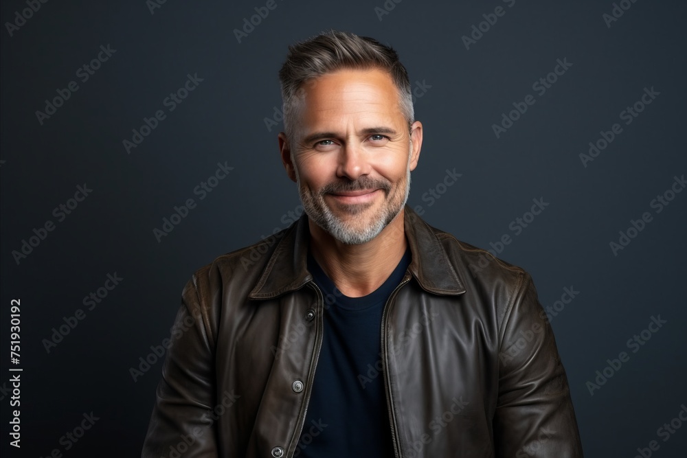 Portrait of a handsome middle-aged man wearing a leather jacket. Portrait of a handsome middle-aged man wearing a leather jacket.