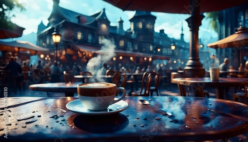 A steaming cappuccino at a table in an outdoor cafe.