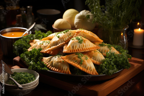  A warm and inviting presentation of golden-brown empanadas garnished with parsley, set on a wooden serving board. photo
