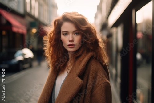 Portrait of a beautiful red-haired girl in a coat on the street.