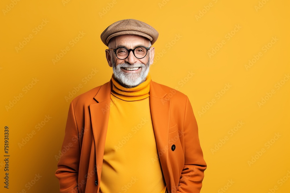 Portrait of a cheerful senior man in a yellow coat and beret on a yellow background