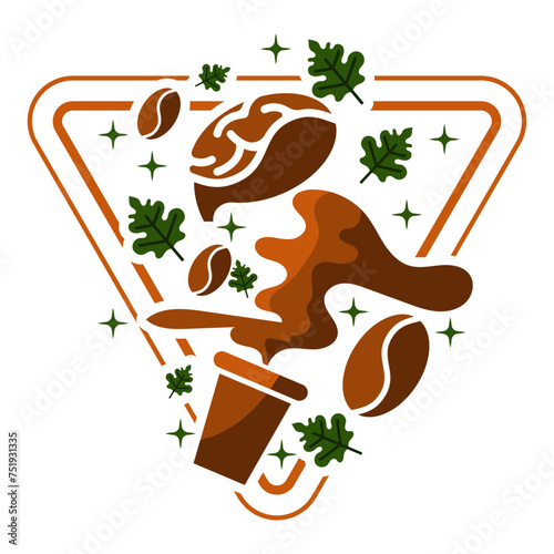 abstract vector illustration of coffee bean, mind or brain, splash of coffee from a glass and coffee leaf for t shirt, hoodie, streetwear, clothing line, wallpaper, backdrop and background 