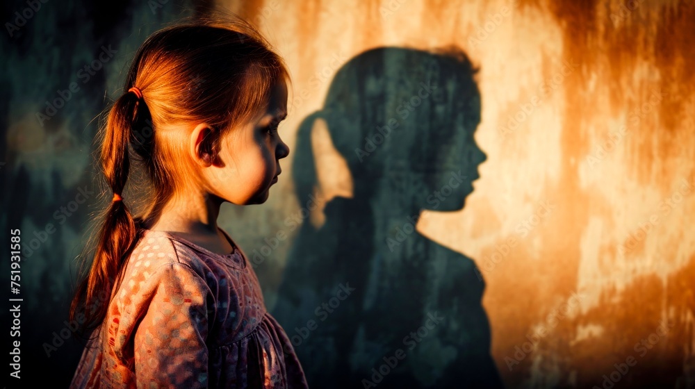 Profile of a girl with her shadow on the wall during sunset, thought-provoking. The mental health of a child and the fight for children's rights.