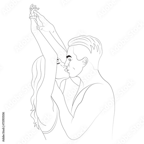 A guy hugs a girl from behind, drawn in a minimalist style. Design for decor, paintings, Valentine's Day, tattoo, logo, print, textile, symbol of love, friendship, family, tenderness. Vector