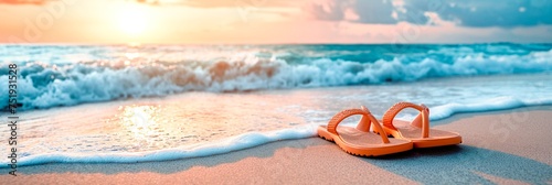 Orange flip-flops on a sandy beach with foamy waves at sunset. Copy space