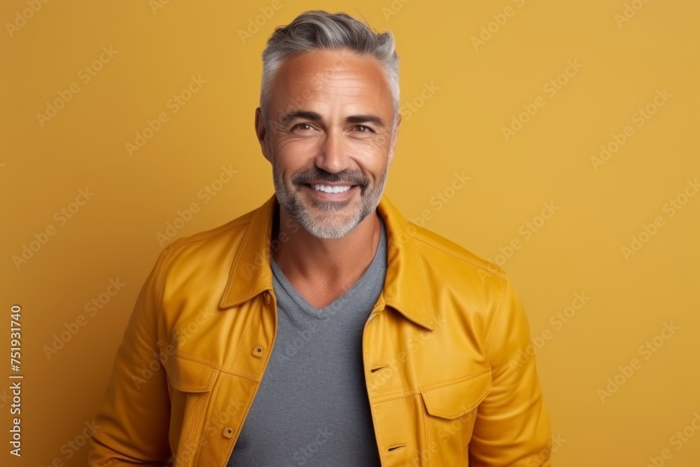 Portrait of handsome mature man in a yellow jacket on a yellow background Portrait of handsome mature man in a yellow jacket on a yellow background