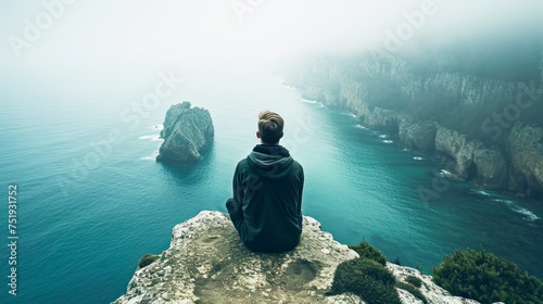 A person sitting on a cliff edge overlooking a foggy sea, invoking a sense of solitude and reflection. Copy space .concepts depicting solitude, meditation, or nature's grandeur. © Margo_Alexa