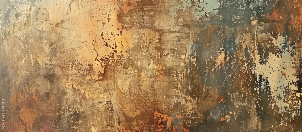 Obraz premium The image shows a brown and black wall with peeling paint, revealing layers of previous colors. The rough texture and decayed appearance of the wall indicate neglect and aging.