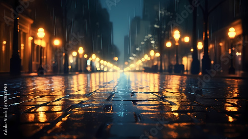 Close shot of wet street with sparkles