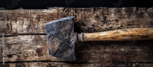 An old axe is firmly lodged in a piece of wood, creating a striking visual of a tool in action. The wood shows signs of wear and splintering from the force of the axe.