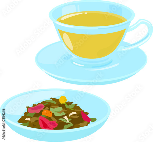 ブレンドしたハーブティーの茶葉とティーカップ