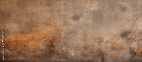 A clock hangs prominently on a brown and white wall  set against a concrete texture. The clocks hands indicate the time  casting a shadow on the wall.