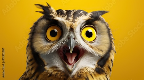 Portrait of emotional animal surprised and shocked owl on yellow background photo