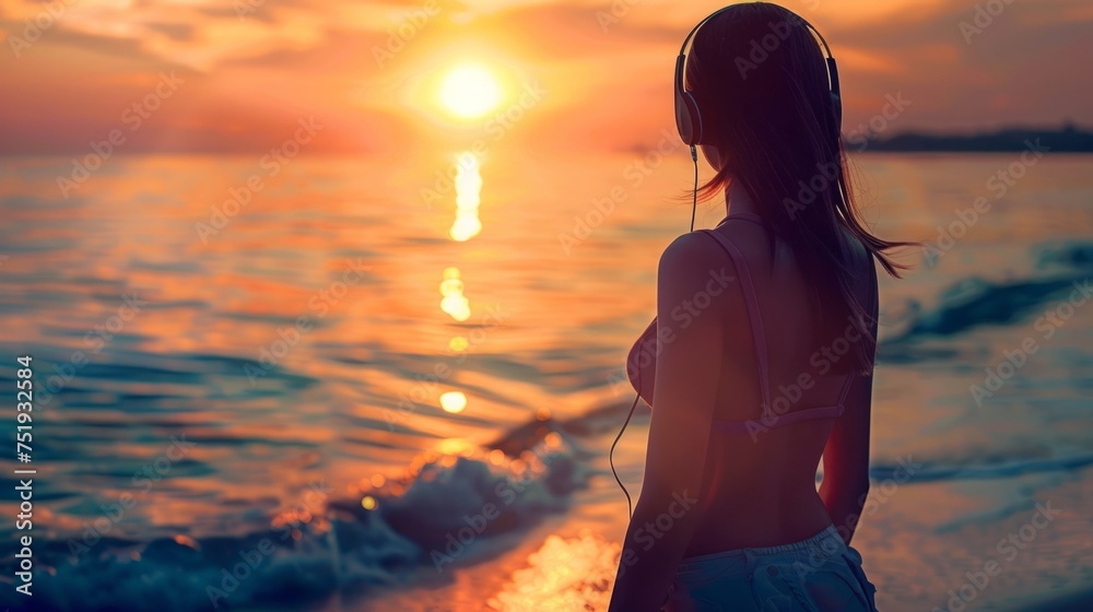 Fototapeta premium woman standing at the shoreline, headphones on, her silhouette against the setting sun, lost in the music generative ai