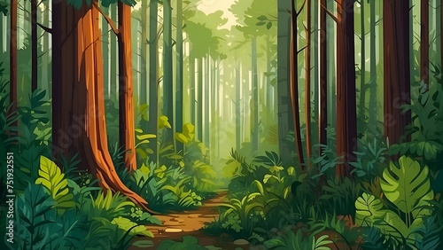 illustration of green forest large trees background AI Generated