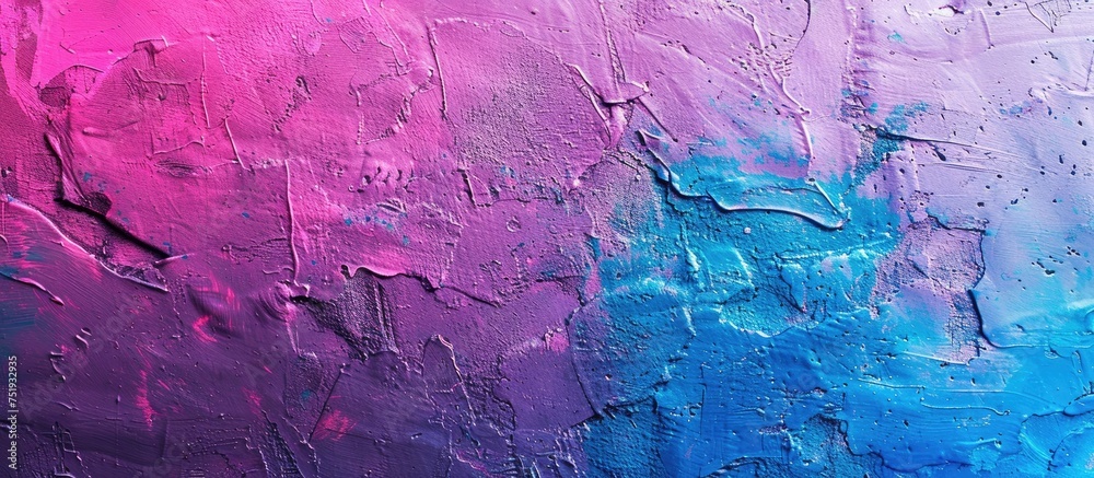 The painting features a close-up view showcasing a vibrant mix of blue and pink hues. The colors blend harmoniously, creating a modern urban wall texture. This artistic piece is perfect for wallpaper