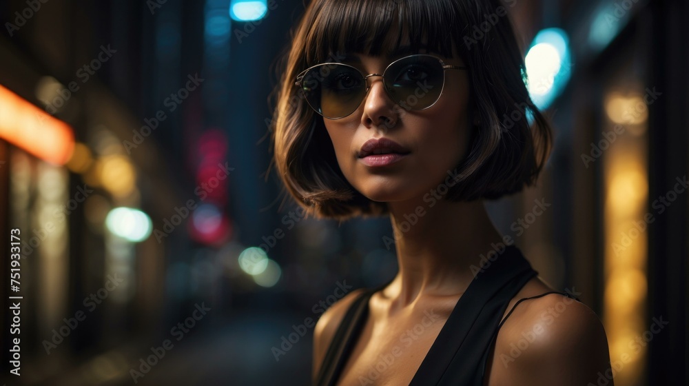 A woman in sunglasses standing in the middle of a city street. Generative AI.