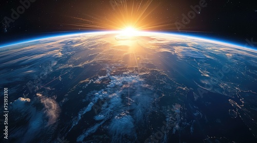 The Earth from space with the Sun rising over it. Generative AI.