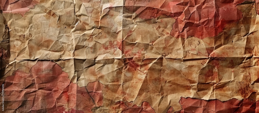 Fototapeta premium A detailed view of a brown paper piece, showcasing its texture and color. The paper appears worn and slightly crumpled, with visible fibers and a natural brown hue.