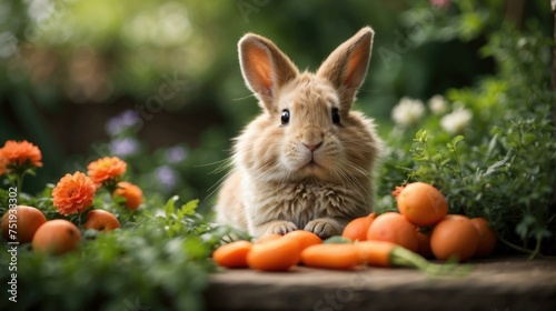 A rabbit is sitting on a wooden table with carrots. Generative AI. © serg3d