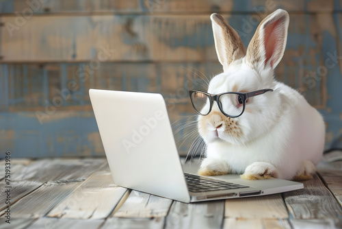Funny cute bunny rabbit looking computer laptop in glasses. Easter background.