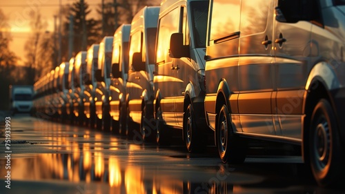 Reflective evening light on a fleet of transport vans lined up for logistics operations photo