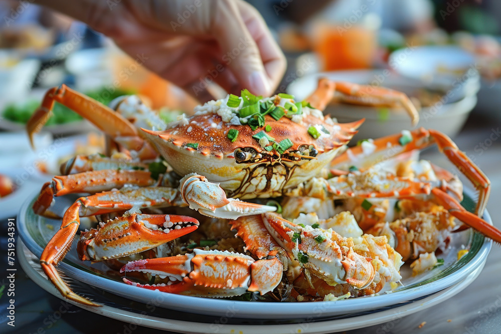 A hand grabbing a crispy crab from a pile, food and culinary A hand grabbing a crispy crab from a pile, food and culinary